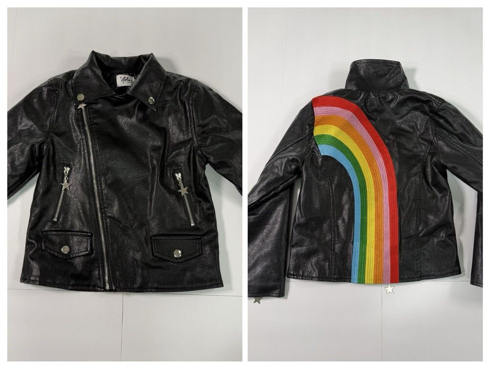 Lola + The Boys Girls Faux Leather Moto Jacket Size 8 Black Rainbow
